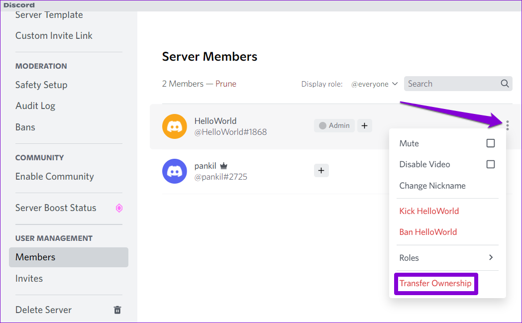 how to transfer ownership on Discord
