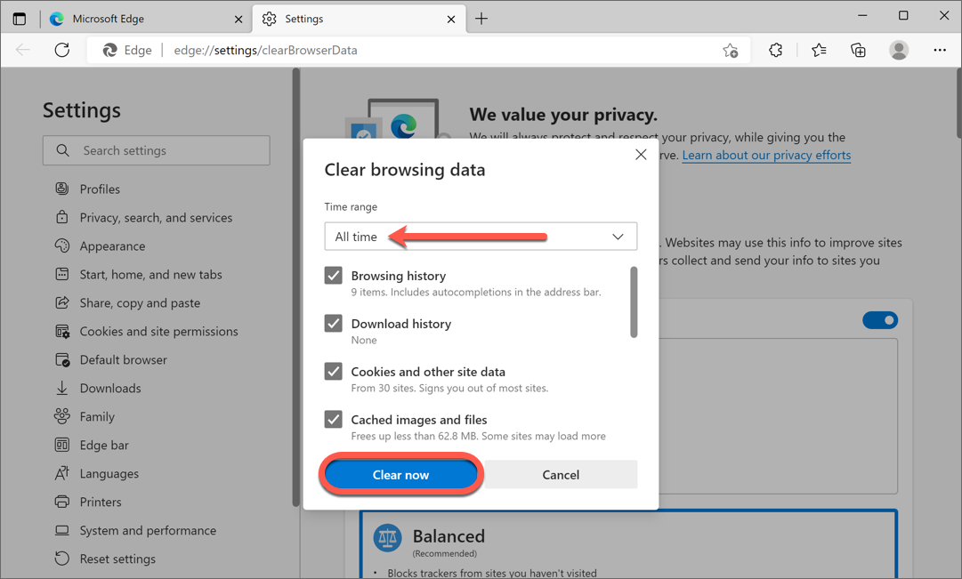 deleting cache in MS edge